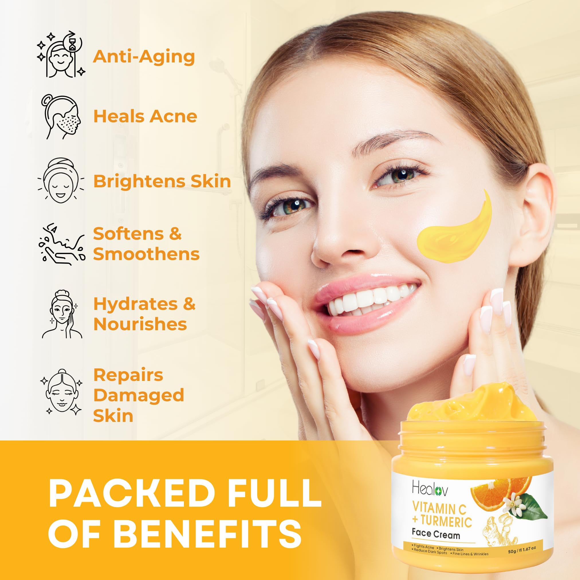 Healov Turmeric Face Cream for Dark Spots – Natural Turmeric Skin Brightening Lotion for Face & Body – Cleanse Skin, Fight Acne, Even Tone, Clear Scars, Sun Damage, & Hyperpigmentation – 50g / 1.67oz